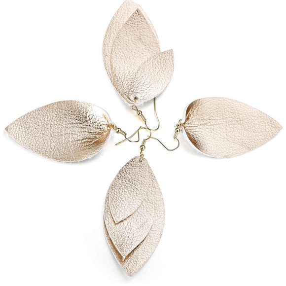 🔴$8 CLEARANCE Leather Leaf Dangle Earrings Gold - Picture 2 of 8